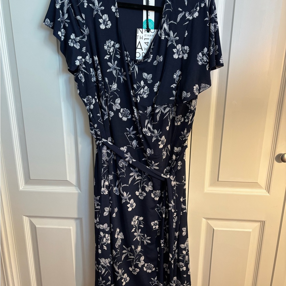 41 Hawthorn Athera Knit Dress Navy Floral Faux Wrap Flutter Sleeve 1X NEW
